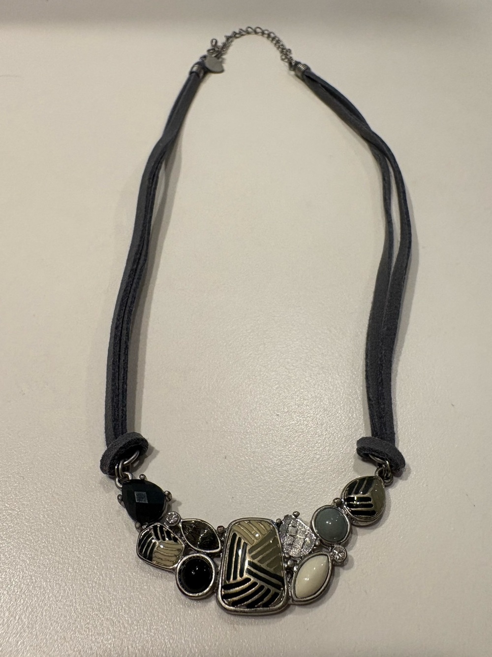 Lia Sophia Geometric Mosaic Statement Necklace Gray Cord Enamel Rhinestone Y2K.